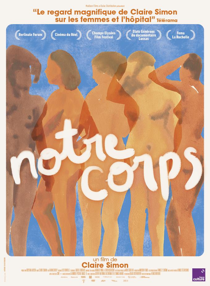 Affiche de Notre corps : cinq figures féminines nues peintes à l'aquarelle en tons ocre et brun sur fond bleu, le titre manuscrit en blanc au centre.